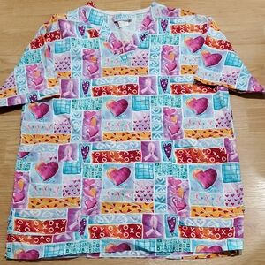 Women’s Multicolor Heart Print Tunic Scrubs Uniform Size Small Hospital Nurse
